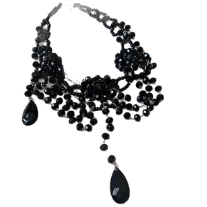 Gothic multilayer beaded necklace with black water drop pendants and floral accents
