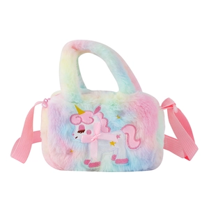 Rainbow plush unicorn handbag for girls with pink bow and gradient shoulder strap