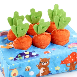 Educational carrot tissue box plush toy for babies featuring colorful animal illustrations