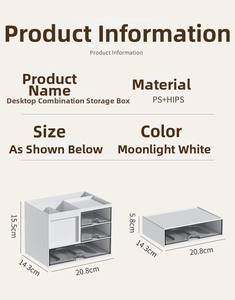 Detailed dimensions of white stackable desk organizer with clear drawers and handles