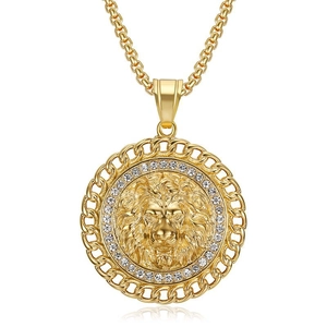 Collana Con Ciondolo A Testa Di Leone Acciaio Inossidabile Placcato Oro Hip Hop Iced Out Strass Medaglione Gioielli Uomo