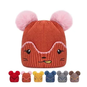 Bonnet Tricoté Bébé Doublé Polaire Casquette Hiver Fil Guipé Double Pompons Fausse Fourrure Dessin Animé