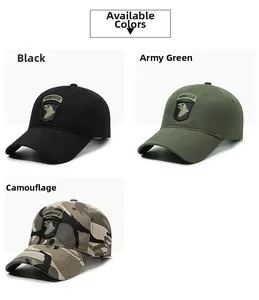 Detailed embroidery on military-style baseball caps in black, army green and camouflage