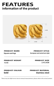 Detailed size chart for square stainless steel earrings measuring 2.4cm by 2.4cm in gold
