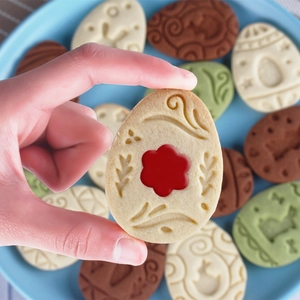 9-piece Easter jam cookie cutter set creating embossed 3D shapes with fruit filling