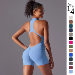 Women Halter Neck Front Zipper One Piece Yoga Romper Scrunch Butt Lift Jumpsuit High Stretch Ribbed Athletic Bodysuit Sportswear Top And Bottom