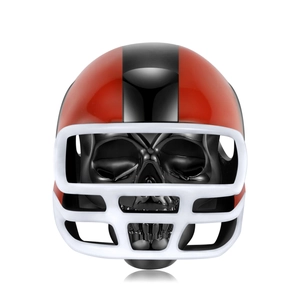 Macro shot of sterling silver skull bead wearing a red and black rugby helmet for bracelets
