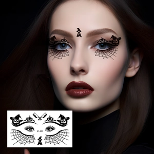 Detail of EF-009 Halloween black spider web facial tattoo stickers on female model skin