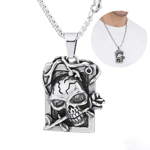 Gothic Skull Rose Pendant Necklace Stainless Steel Retro Rectangle Relief Punk Jewelry For Men Women