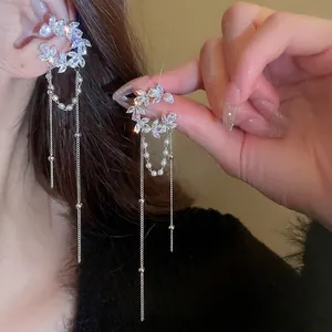 Fashion C Shaped Long Tassel Ear Cuffs For Women Elegant Copper Zircon Flower Cluster Clip On Earrings With Artificial Pearls