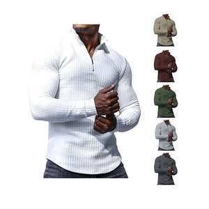 Men's waffle knit quarter-zip pullover sweater with stand collar and long sleeves