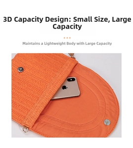 Detail of orange woven straw envelope bag featuring spacious interior and metal snap button