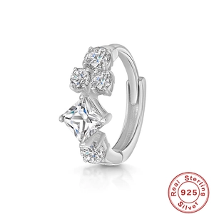 Detailed close-up of S925 sterling silver hoop earring with princess cut zircon stones