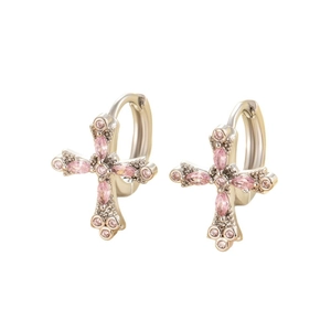 Silver cross earrings with pink zircons and hinged clasp on a white background