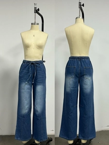 Front and back detail of high waist wide leg denim jeans with drawstring waist