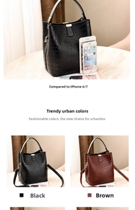 Crocodile pattern bucket bag size comparison with smartphone showing storage capacity