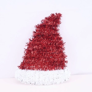 Red and white tinsel Christmas hat ornament for festive tree decoration and holiday displays