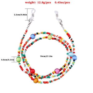 Colorful beaded eyewear chain with acrylic beads and silver lobster clasps on white background