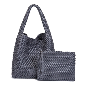 Dark grey hand-woven large PU leather tote bag set with matching zipper pouch