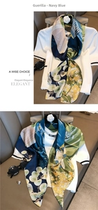 Detailed drape of navy and green floral silk scarf paired with elegant white knitwear