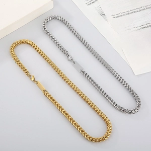 Polished gold and silver titanium steel Franco chains with square pendants for men