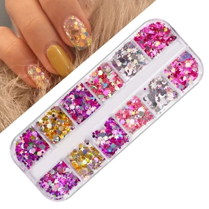 Detail of 12-grid nail art sequins set with heart and star shapes in laser glitter finish