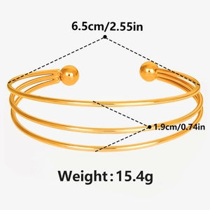Detailed size chart of gold 3-layer stainless steel bracelet showing 6.5cm diameter and weight