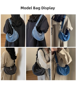 Detailed views of denim crescent crossbody bags in light blue, dark blue and black colors