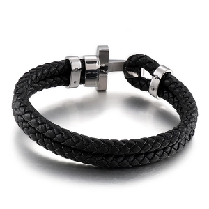 Bracelet pour hommes en cuir tressé noir avec fermoir géométrique en acier inoxydable