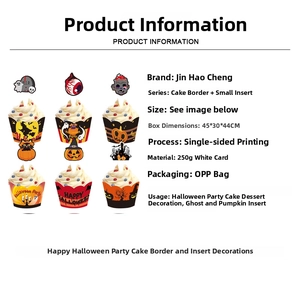 Halloween cake toppers and wrappers set featuring ghosts and pumpkins on white cardstock