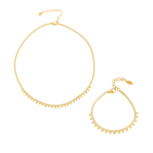 18k gold plated stainless steel jewelry set with beads, zircons and tassel details