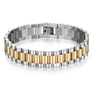 Men's two-tone gold and silver stainless steel watch band style link bracelet