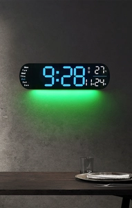 Macro detail of LED wall clock screen showing time, date, temperature and weekday