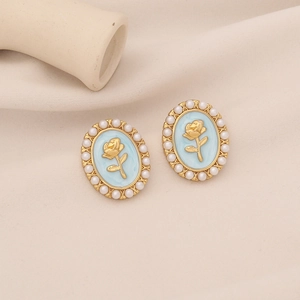 French vintage rose stud earrings with light blue enamel and faux pearl in gold finish