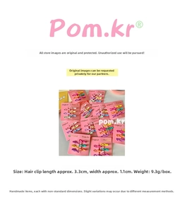 Detailed view showing macaron hair clips dimensions and weights on a display card