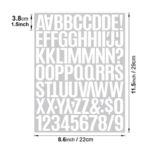 Detailed dimension chart of 1.5 inch white vinyl alphabet stickers and numbers