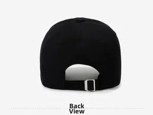 Detailed rear view of black washed baseball cap with adjustable metal buckle strap