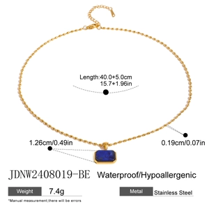 Detailed size specifications for gold stainless steel necklace with blue tiger eye stone