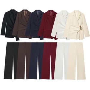 Detailed view of six colors for the button-up blazer and straight-leg pants business set