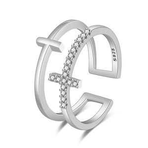S925 silver double-layered cross ring with cubic zirconia in a minimalist trendy style