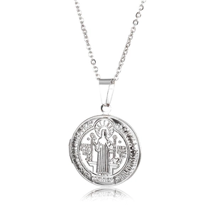 Detailed macro view of the silver Saint Benedict religious locket on a stainless steel chain