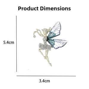 Detailed size view showing the butterfly fairy brooch measuring 5.4cm by 3.4cm