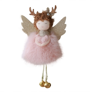Pink plush angel Christmas tree ornament with golden reindeer antlers and bells