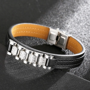 Men's black leather bracelet with silver metal CNC zircon inlay and belt strap design