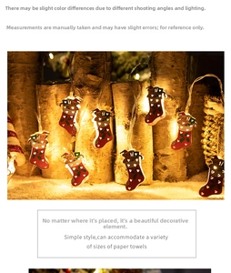 Detail of Christmas LED string lights with red stocking pendants on birch wood logs