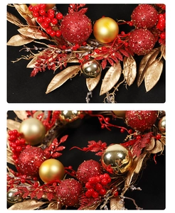 Macro detail of Christmas wreath with red berries, gold leaves and festive ornaments