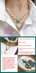 Detail of baroque pearl necklace featuring a golden butterfly clasp and 7-8mm pearls