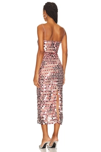 Elegant pink sequin maxi dress with spaghetti straps and slit detail, back view display
