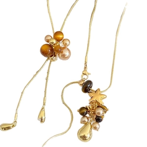 Vintage Perlen Tigerauge Tropfenanhänger Halskette mit Goldkette für Damen