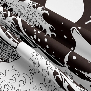 Detailed macro view of the Japanese Ukiyo-e wave print fabric and fine textile texture